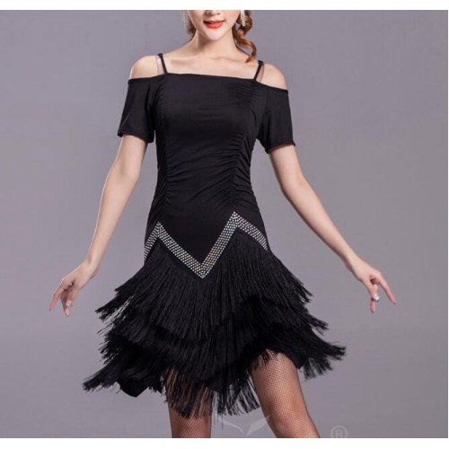 Black red royal blue Women dew Shoulder Tassel Dresses Latin Tango Ballroom Salsa Dance Dress Dancewear